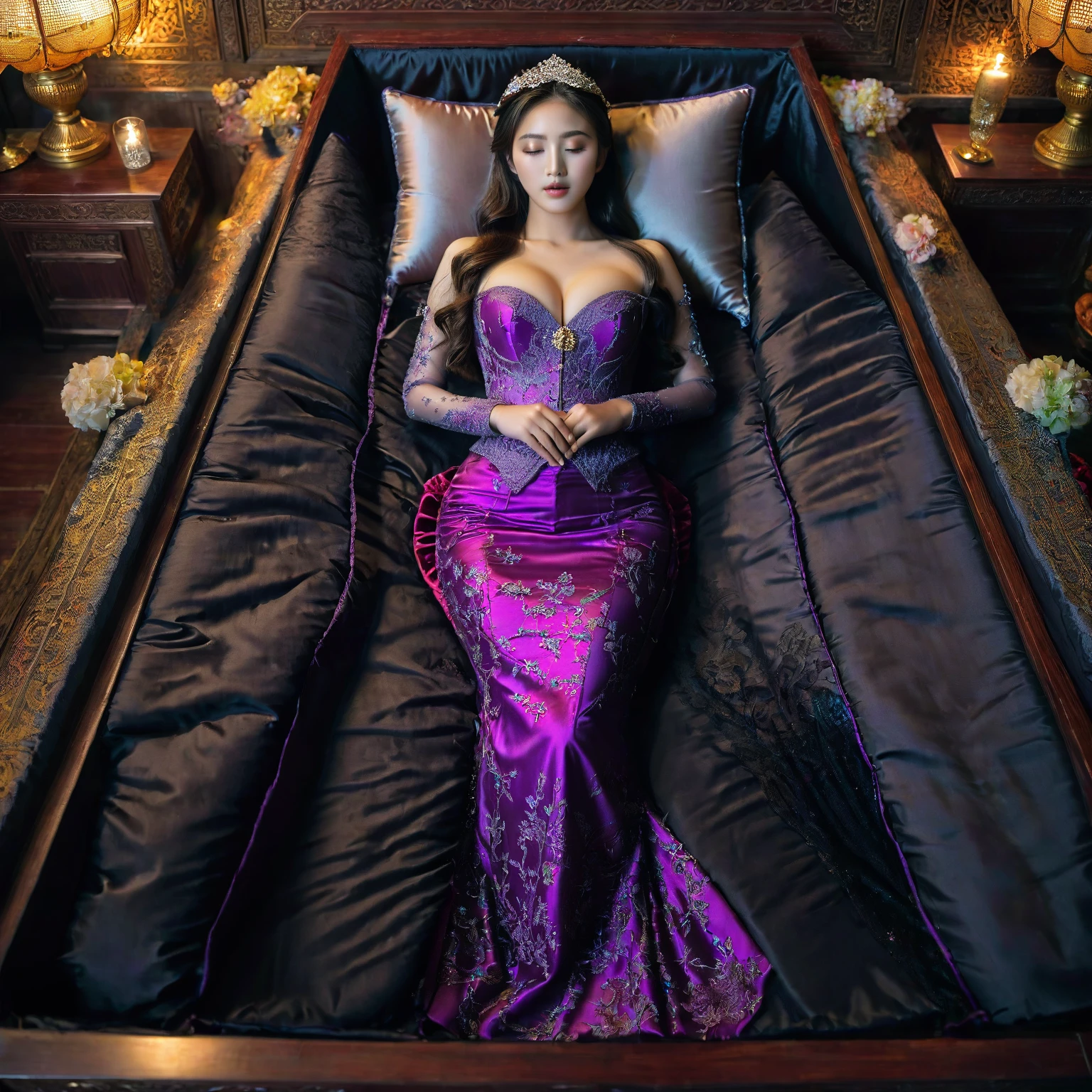 In a striking 8K HDR scene, a stunning Korean woman, 22 years old, lies peacefully in a black coffin surrounded by plush pillows. The deep box is set against a rich black background, accentuating the beauty of the subject. Her exquisite kebaya attire is embroidered with superb detail, showcasing her round and firm breasts, perfect cleavage, and beautiful eyebrows. Her closed eyes and mouth give an air of serenity, while her visible and absolute cleavage leave nothing to imagination. The scene is bathed in saturated colors, highlighting every intricate aspect from the ball skirt to her clean face.