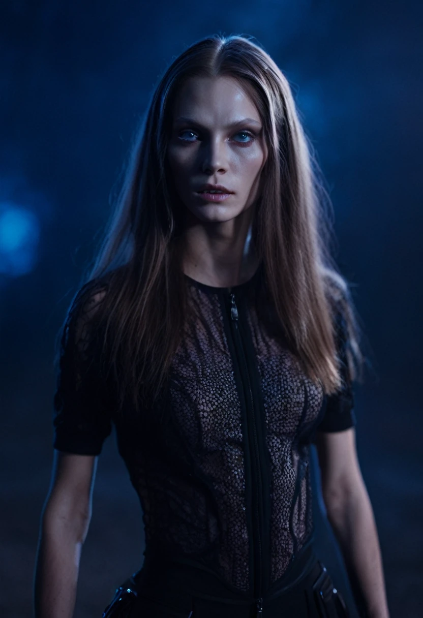 Fashionable of androgynous alien looking witch, glowing eyes, beautiful evil slavic muscular woman, pale skin, long hair, futuristic design, minimal details, givenchy, photoreal, 200mm, hd, f/ 2.0, highly detailed, surreal, sitting, light smile, simple black stylish clothes, a slight smiledrop dead, in the style of red and blue, (intricate details, hyperdetailed:1.15) (skin texture:1.2), cinematic, professional, 4k, (((dynamic model pose))), sitting, full body, mesmerizing, dynamic, dramatic, dynamic pose, highly detailed skin with hair, subcutaneous veins, light and shadow play, highly detailed,24mm photograph, bokeh, professional, 4k,