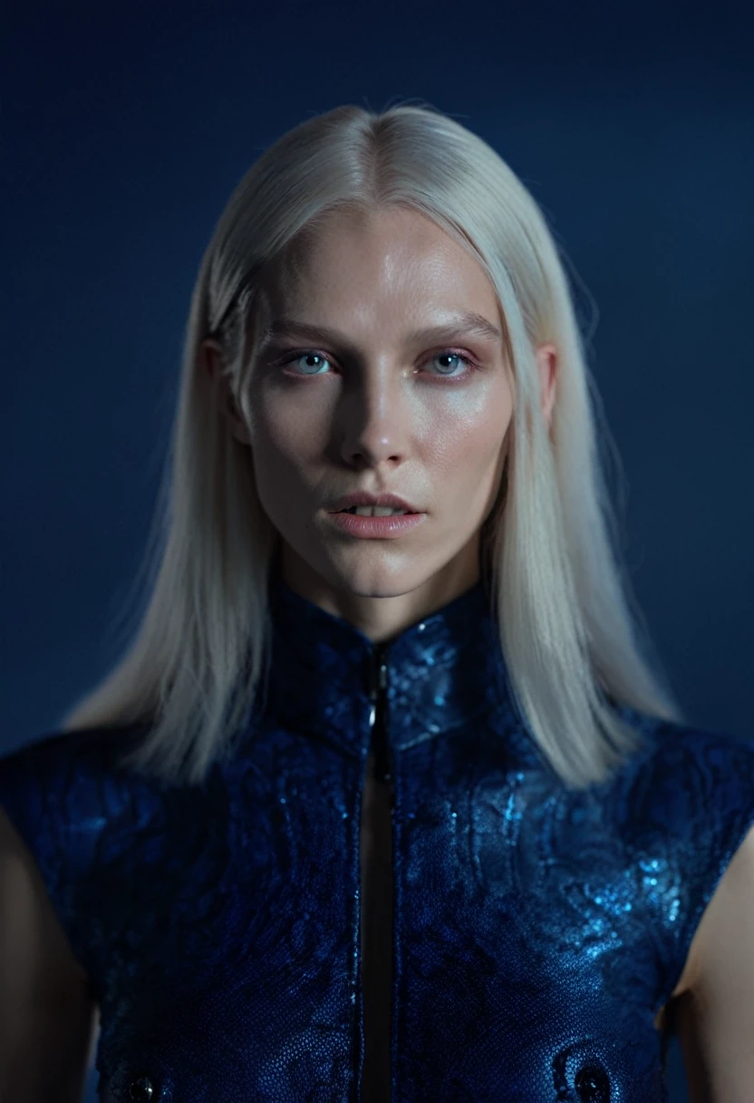 Fashionable of androgynous alien looking witch, glowing eyes, beautiful evil slavic woman dressed in closed clothes, muscular, pale skin, long hair, slight smile, futuristic design, minimal details, givenchy, photoreal, 200mm, hd, f/ 2.0, highly detailed, surreal , drop dead, in the style of red and blue, (intricate details, hyperdetailed:1.15) (skin texture:1.2), photography studio,__perspective__, cinematic, professional, 4k, (((dynamic model pose))), full body, mesmerizing, dynamic, dramatic, dynamic pose, highly detailed skin with hair, subcutaneous veins, light and shadow play, highly detailed,24mm photograph, bokeh, professional, 4k,