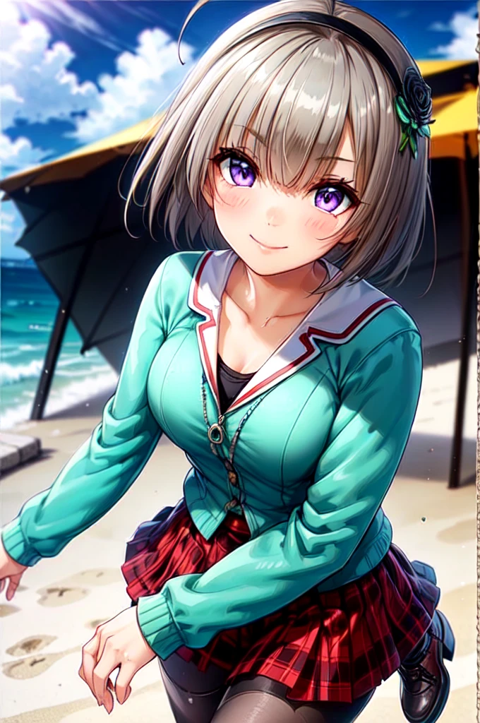 very cute and beautiful girl,(Very exquisite beautiful face and eyes),skirt、pantyhose、short hair、Plaidskirt、Plaid、Purple Eyes、whole body、shoes、、Ahoge、holster、hair ornaments、Viewer&#39;s Eyes、太ももholster、Are standing、Thigh straps、loafers、プリーツskirt、白pantyhose、neckerchief、Serafuku、赤いskirt、Long sleeve、Sailor collar、Gray Hair、Right hand、Holding a gun、go ahead、action、barrel、pistol、grip、posture、lift
(smile:1.2),Happy,View your viewers,Cowboy Shot,Detailed legs,Beach,Tropical Resort,
(Highest quality,masterpiece),Absurd,High resolution,Super detailed,Very detailed,32k,8K resolution,
Intricate details,Movie Scenes,Detailed Background,alone,Dynamic Angle,
Natural light,Hair blowing in the wind,Beautifully detailed skies,