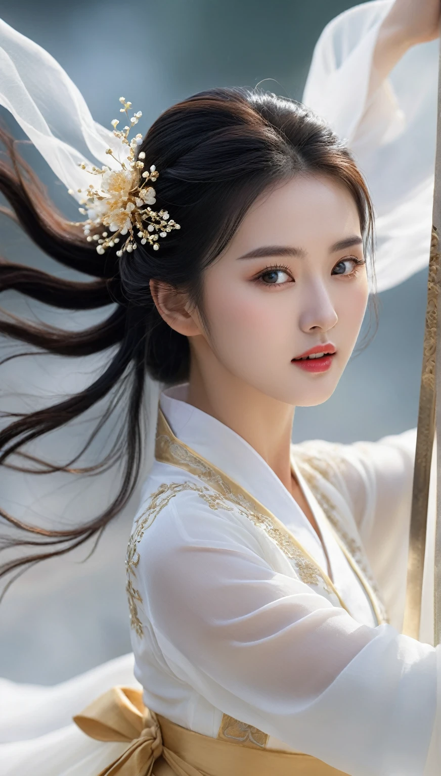 beautiful Korean woman, (((Mikamaria))), (motion blur:1.3), abnormally stunning beautiful face, black and white close-up,woman in intricate pure white hanbok dress, Flying in the air like a Chinese movie ,spinning frantically, translucent tingling air particles on dress hem, In her hand is a golden ancient Chinese sword,in ancient china, professional fashion photography,UHD, 4k, 8k
