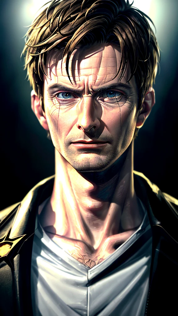 David Tennant, male superhero, short hair, hazel eyes, smirk, white skin, sexy, (best quality,4k,8k,highres,masterpiece:1.2),ultra-detailed,(realistic,photorealistic,photo-realistic:1.37),superhero,evil,villainous,intense gaze,detailed facial features,dramatic lighting,dark and moody atmosphere,chiaroscuro,cinematic,portrait