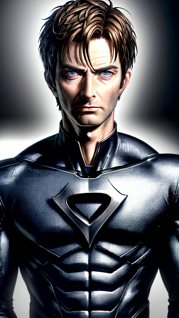 David Tennant, male superhero, short hair, hazel eyes, smirk, white skin, sexy, (best quality,4k,8k,highres,masterpiece:1.2),ultra-detailed,(realistic,photorealistic,photo-realistic:1.37),superhero,evil,villainous,intense gaze,detailed facial features,dramatic lighting,dark and moody atmosphere,chiaroscuro,cinematic,portrait