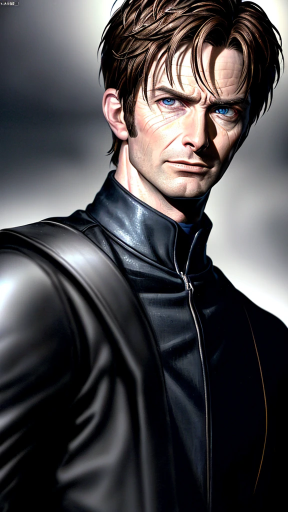 David Tennant, male superhero, short hair, hazel eyes, smirk, white skin, sexy, (best quality,4k,8k,highres,masterpiece:1.2),ultra-detailed,(realistic,photorealistic,photo-realistic:1.37),superhero,evil,villainous,intense gaze,detailed facial features,dramatic lighting,dark and moody atmosphere,chiaroscuro,cinematic,portrait