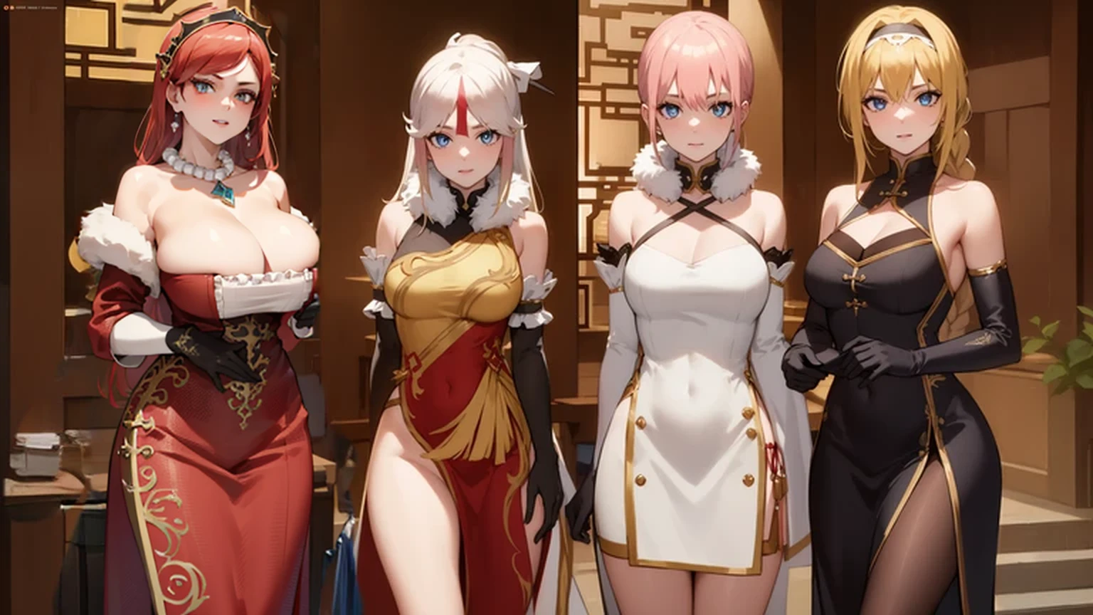 1women,, Hilda, large_breawelry, red_hair, solo, long_hair, necklace, cleavage, g, jewelry,
BREAK bare shoulders, black gloves, chinese clothes, claw ring, detached sleeves, dress, elbow gloves, frilled sleeves, frills, fur collar, gloves, jewelry, pelvic curtain, sleeveless, sleeveless dress, white dress,
BREAK looking at viewer, full body, (cowboy shot:1.5),
BREAK indoors,
BREAK (masterpiece:1.2), best quality, high resolution, unity 8k wallpaper,NSFW ,(illustration:0.8), (beautiful detailed eyes:1.6), extremely detailed face, perfect lighting, extremely detailed CG, (perfect hands, perfect anatomy),