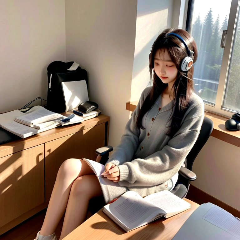 A 19-year-old Korean woman wearing headsets, long straight hair, sitting at her desk studying, sunlight coming through the windows,