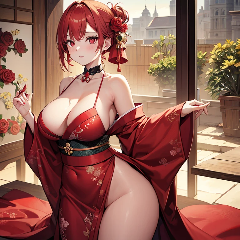 (detailed, masterpiece), 1 Beautiful Girl, alone, whole body, Facial beauty, Wide Hips, Sunburn, blonde, Long eyelashes, Curvy, Asymmetrical Hairstyles, Stylish hairstyle, Redhead, Red eyes, Red kimono, No exposed thighs or breasts, whole bodyの肌を着物で隠す, Long kimono, Vibrant red rose garden, jewelry, red theme,