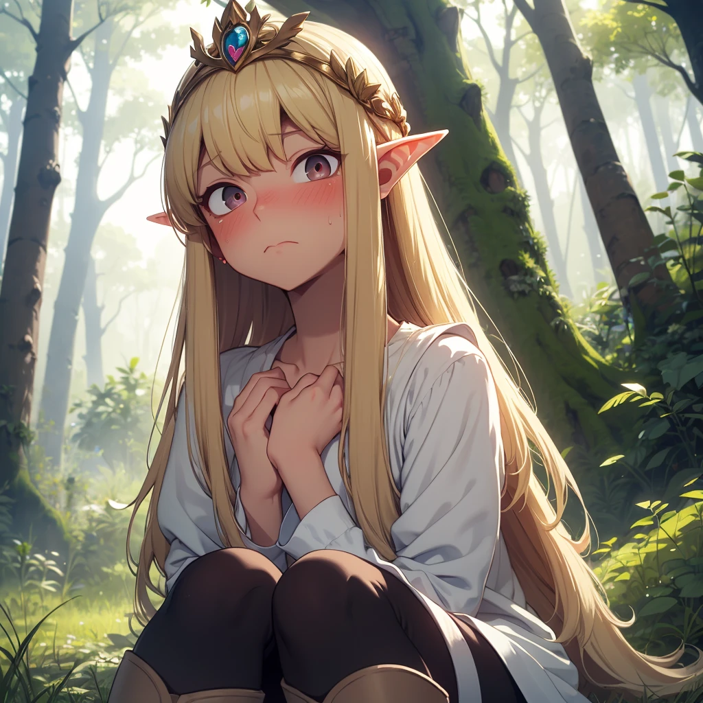 elf, blonde hair, long hair, sweat, steaming body, steam, steamy, smell, hot, hearts, spoken heart, embarrassed, full-face blush, blush, breath, heavy breathing, trees, nature, leaves, forest, sunlight, backlighting, looking_at_viewer, elf princess, tiara, masterpiece, high quality, large eyes, perfect face, absurdres, 4k, highly detailed, arms behind head, hands behind head, nude, small breasts, legs, from above, looking up, boots, flat chest, 1girl solo, solo focus, age regression,
