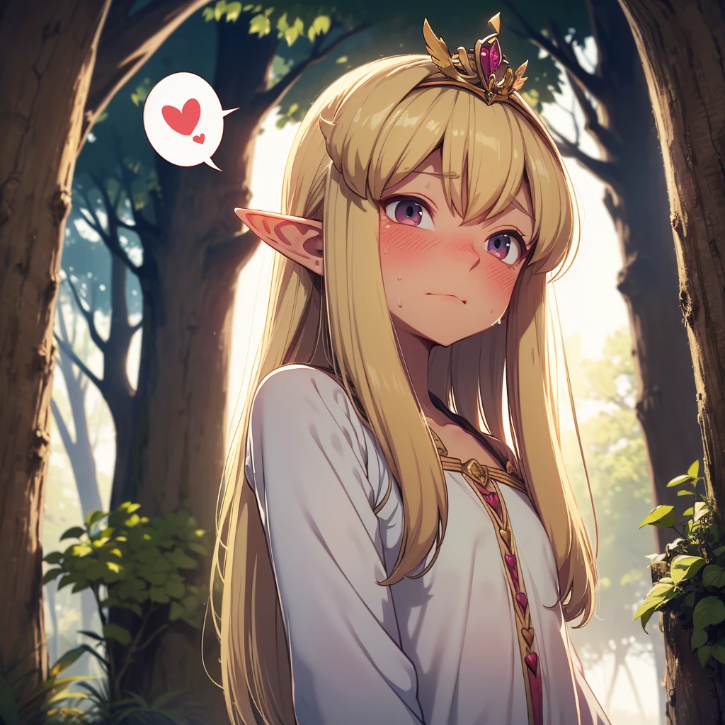 elf, blonde hair, long hair, sweat, steaming body, steam, steamy, smell, hot, hearts, spoken heart, embarrassed, full-face blush, blush, breath, heavy breathing, trees, nature, leaves, forest, sunlight, backlighting, looking_at_viewer, elf princess, tiara, masterpiece, high quality, large eyes, perfect face, absurdres, 4k, highly detailed, arms behind head, hands behind head, nude, small breasts, legs, from above, looking up, boots, flat chest, 1girl solo, solo focus, age regression,
