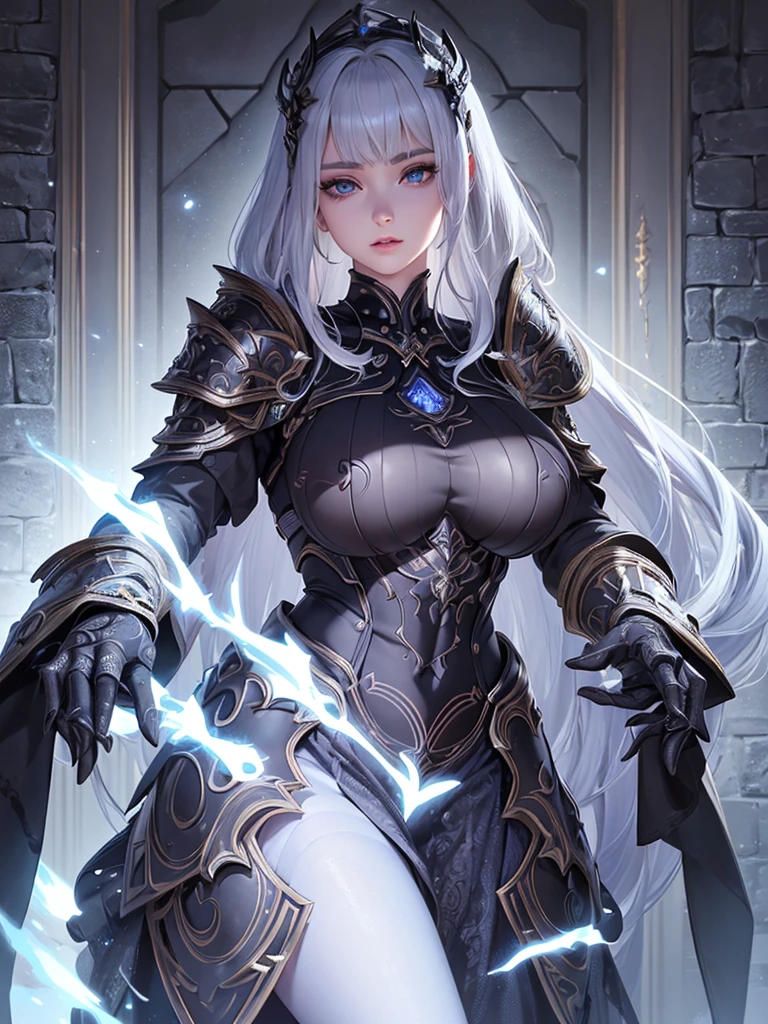 1girl, perfect detailed eyes, beautiful detailed lips, extremely detailed face, long eyelashes, wall background, high resolution, black paladin armor with intricate design, looking directly at camera, best quality, ultra realistic, (ultra-detailed:1.2), (physically-based rendering:1.2), (masterpiece:1.2), (vivid colors:1.2), big breast, white long hair, full body pose, holding a lance