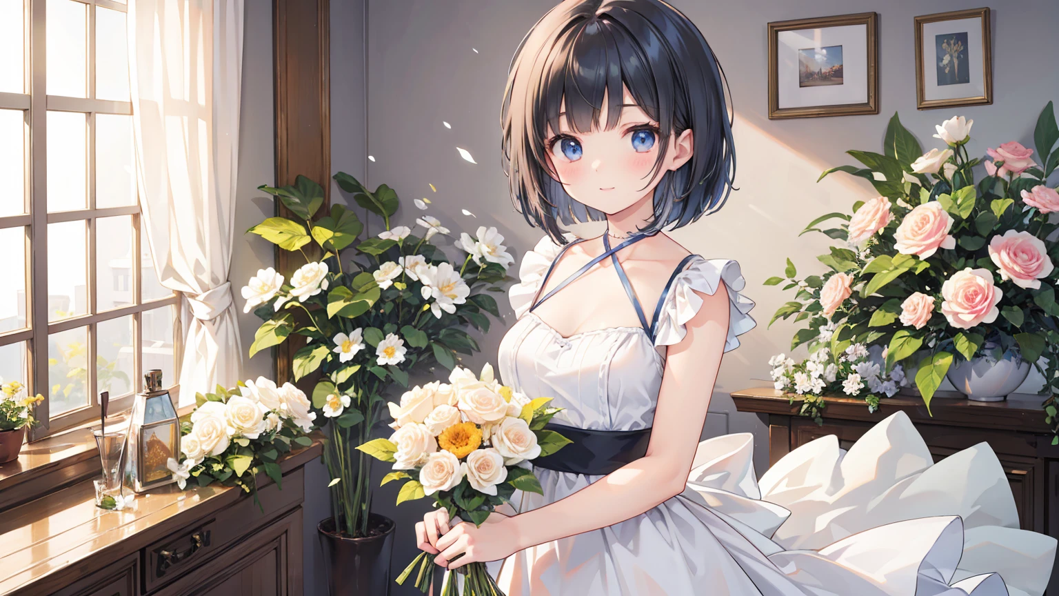Photorealistic、Highest quality、Highest Resolution、Highest quality、8K、A beautiful woman holding a bouquet of flowers、Bob Cut Hair、