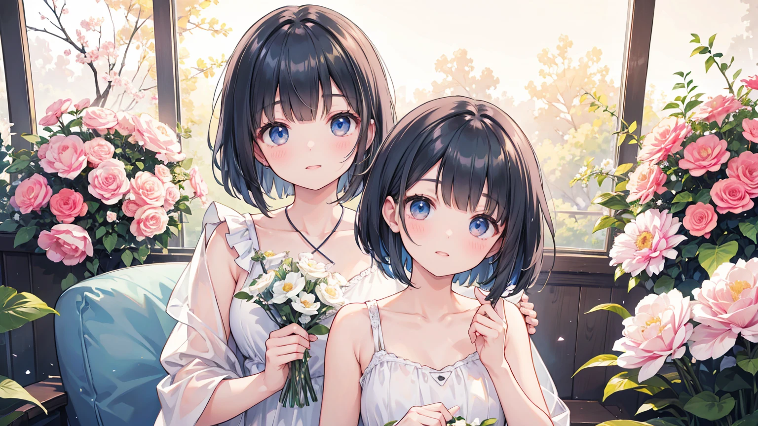 Photorealistic、Highest quality、Highest Resolution、Highest quality、8K、A beautiful woman holding a bouquet of flowers、Bob Cut Hair、