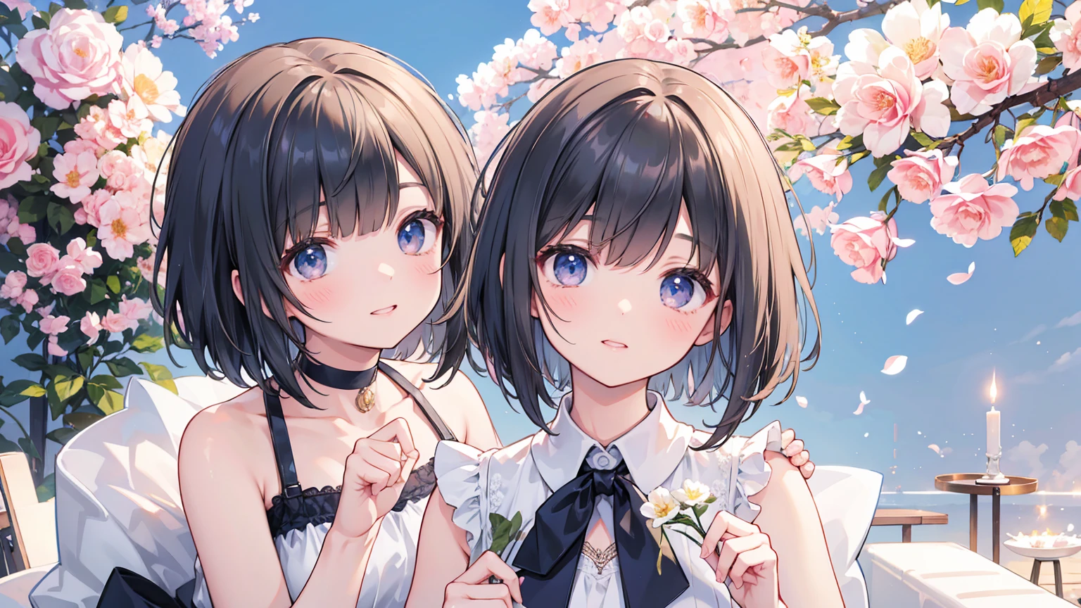 Photorealistic、Highest quality、Highest Resolution、Highest quality、8K、A beautiful woman holding a bouquet of flowers、Bob Cut Hair、