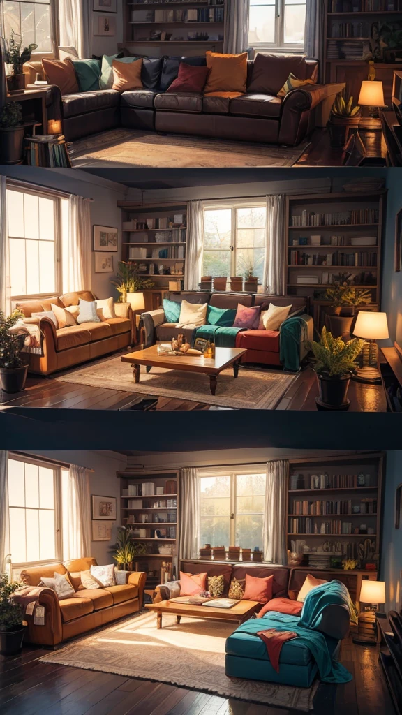 It looks like the image is of a cozy living room with soft lights and an inviting atmosphere. Based on the description and the visual style, here is an exact prompt you can use to generate similar art using AI:

"Create an illustration of a cozy living room with soft lighting. The room should have large windows showing a beautiful sunset or twilight sky, with string lights adding to the ambiance. Include a comfortable sofa with colorful cushions, a coffee table with some decorative items, and a bookshelf filled with plants and books. The overall mood should be warm and inviting, perfect for a relaxing evening."

Feel free to tweak the prompt based on any specific details you want to emphasize or adjust!