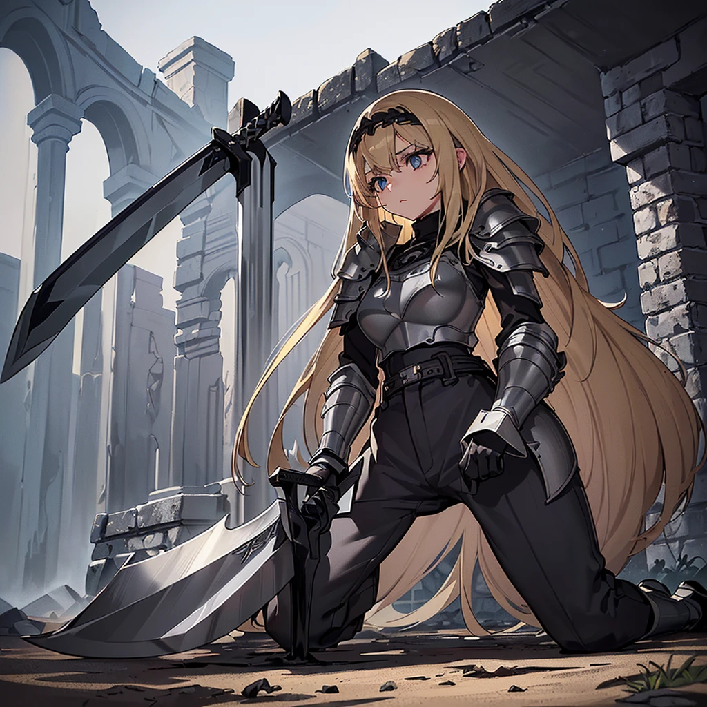 (((Solo)))、Best illustrations、Best Quality、(Full body character concept、detailed)、(((Simple grey armor、Black trousers、Black gloves、woman、18-year-old、Blonde、Long Hair)))、(((Grab the sword、Get Ready)))、(From below)、(Old ruins、Grass)、Kneel、(Black muddy ground)