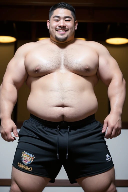 ((highest quality)), ((masterpiece)), (detailed), ((Perfect Face)), 4k, Shaved head, Young Japanese, Muscular, Fat body, Very big man, smile, ((showing off crotch))A large Japanese man topless、whole body、Rugby last week、Thick legs、Thick arm muscles、Intimidating、whole body、wearing a very tight black shorts