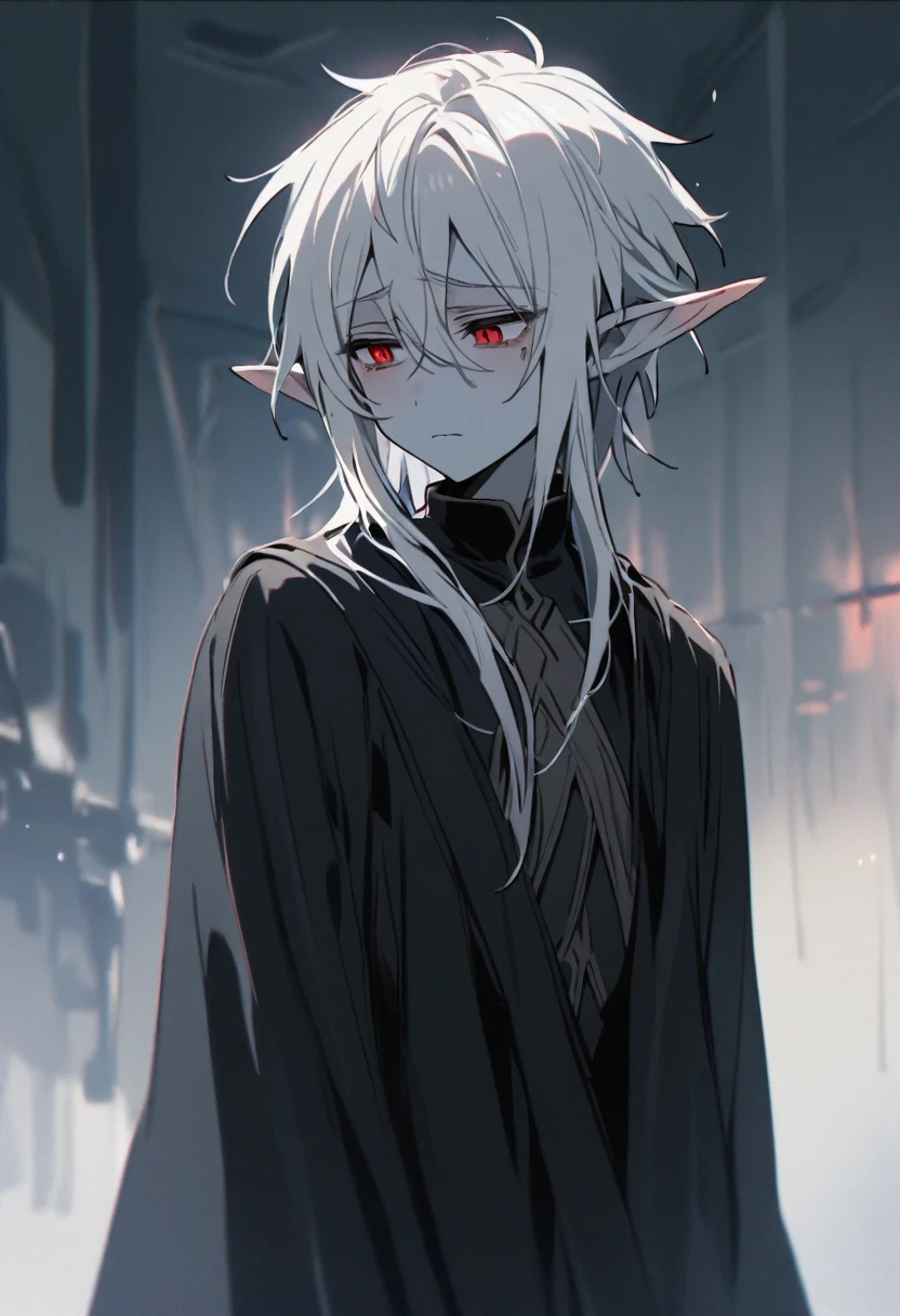 one young elf man, grey skin, white hair, red eyes dark clothes, tired, sad