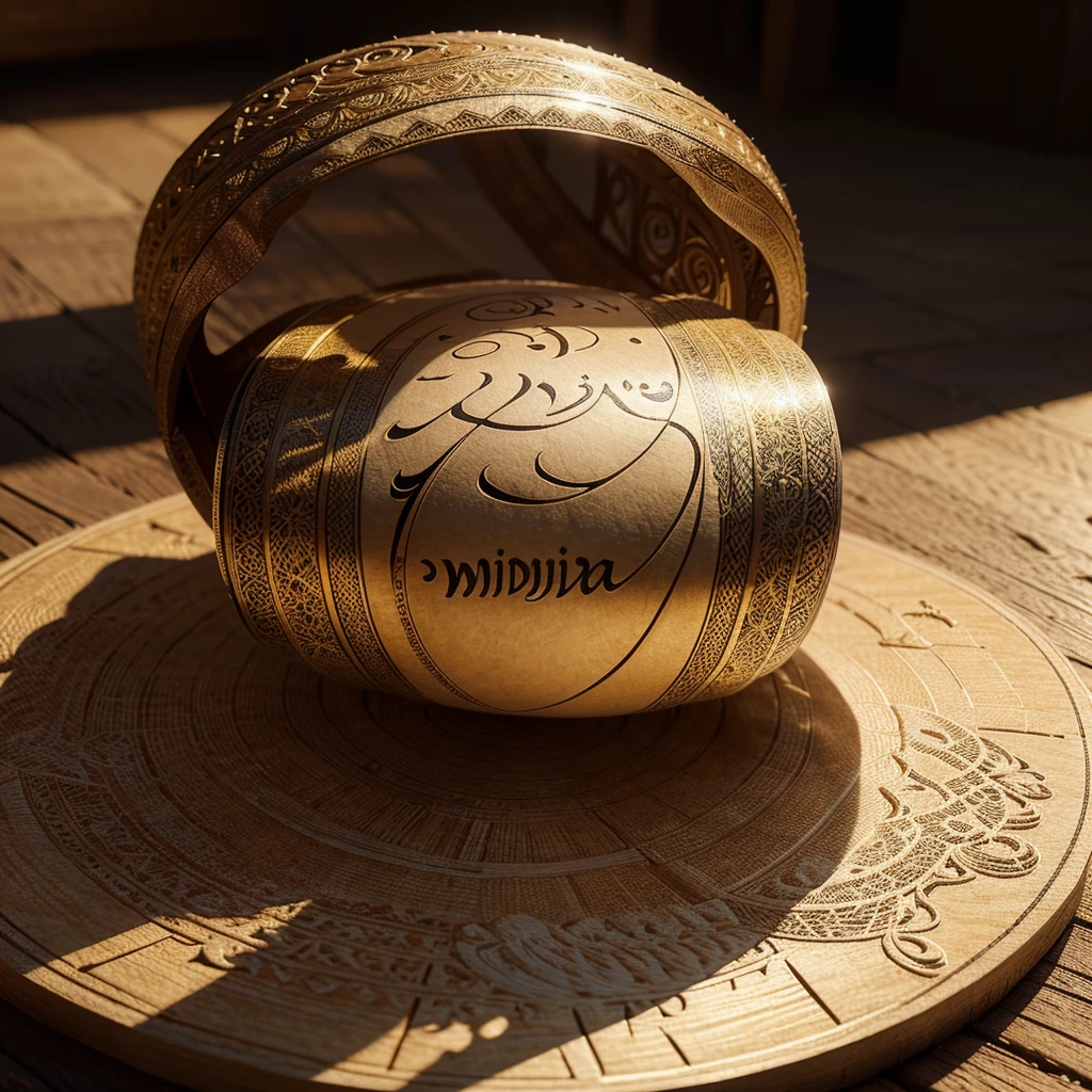 a highly detailed and realistic calligraphic illustration of a circular "Roda Wijaya" text, with a stunning background, flowing shadows, natural lighting, and solid detailed textures, 8k, photorealistic, cinematic lighting, masterpiece, digital art, elegant, intricate, hyperealistic