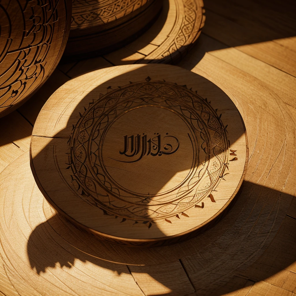 a highly detailed and realistic calligraphic illustration of a circular "Roda Wijaya" text, with a stunning background, flowing shadows, natural lighting, and solid detailed textures, 8k, photorealistic, cinematic lighting, masterpiece, digital art, elegant, intricate, hyperealistic