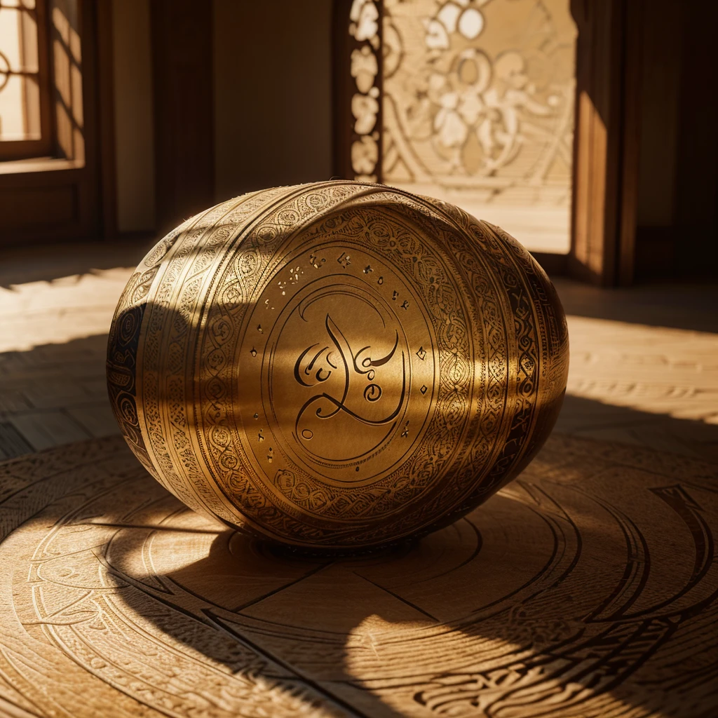 a highly detailed and realistic calligraphic illustration of a circular "Roda Wijaya" text, with a stunning background, flowing shadows, natural lighting, and solid detailed textures, 8k, photorealistic, cinematic lighting, masterpiece, digital art, elegant, intricate, hyperealistic