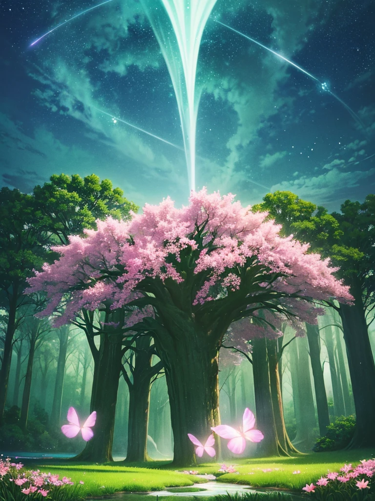 (Beautiful Magic Night Green Sky Stream Overlay Scenery), (heaven), (nuvem), soft lighting, fundo limpo, beautiful scenery, master part, alta qualidade, graphics beautiful, High detail, epic scenery, Jardim, flor, nuvem, (night starly sky, back river, huge old trees behind, dropping bright pink petals back)