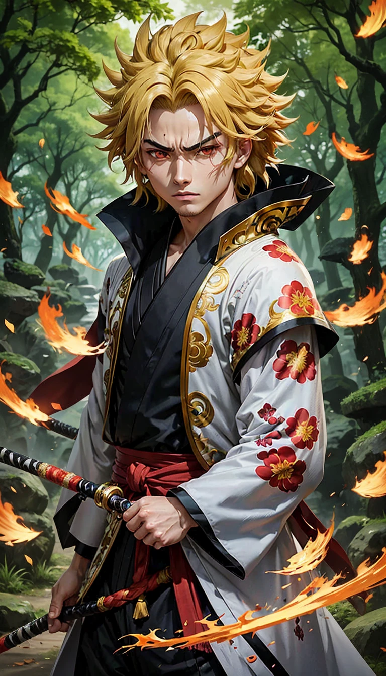 Kioguro rengoku from the anime kimetsu no yaiba how it would look in live action or real life, to show full body, At the bottom I leave you a photograph of his face