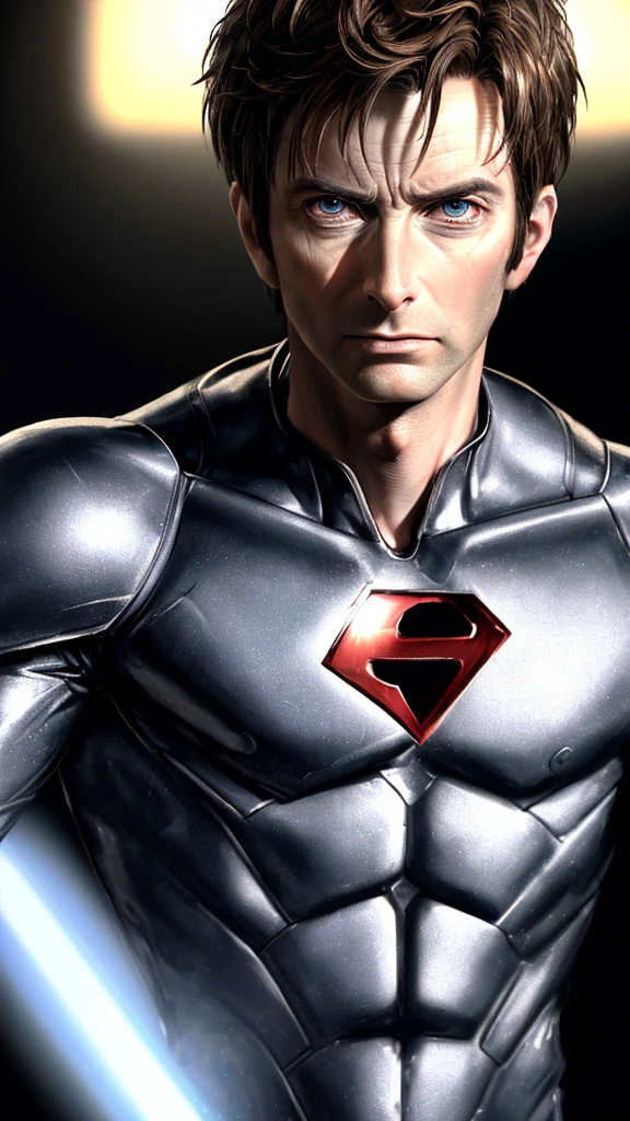 David Tennant, male superhero, short hair, hazel eyes, smirk, white skin, sexy, (best quality,4k,8k,highres,masterpiece:1.2),ultra-detailed,(realistic,photorealistic,photo-realistic:1.37),superhero,evil,villainous,intense gaze,detailed facial features,dramatic lighting,dark and moody atmosphere,chiaroscuro,cinematic,portrait