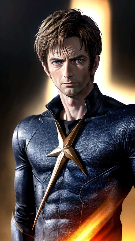 David Tennant, male superhero, short hair, hazel eyes, smirk, white skin, sexy, (best quality,4k,8k,highres,masterpiece:1.2),ultra-detailed,(realistic,photorealistic,photo-realistic:1.37),superhero,evil,villainous,intense gaze,detailed facial features,dramatic lighting,dark and moody atmosphere,chiaroscuro,cinematic,portrait