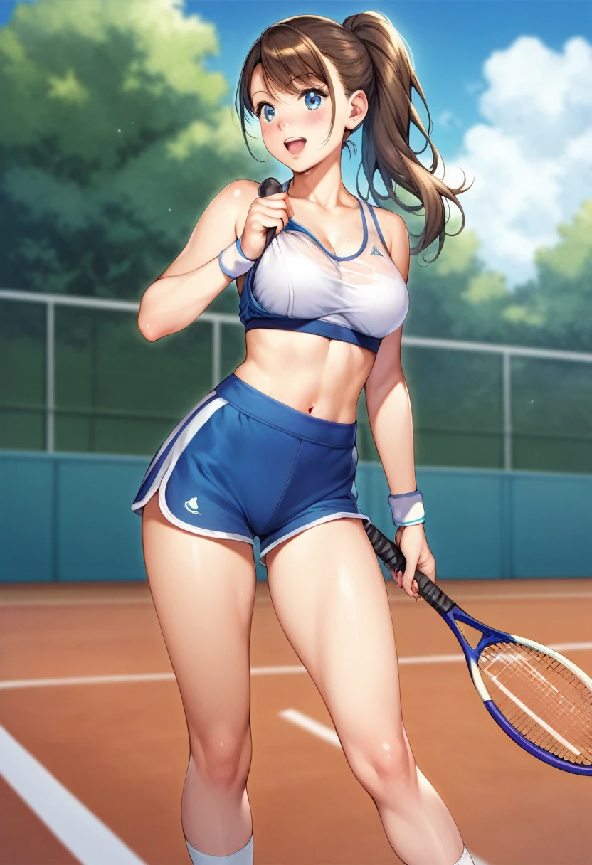 テニスラケットとテニスボールを持っている白いTennis Wearを着たアラビア風の女性, Tennis Wear, Play sports often and shirt, Play sports often, Play sports often and shorts, Martina Fakova, Play sports often, Playing tennis, sporty, Healthy girl, White bra, Cute Sportswear, sporty physique, Attractive body, West Shot, An athletic body, Play sports often and dark blue shorts