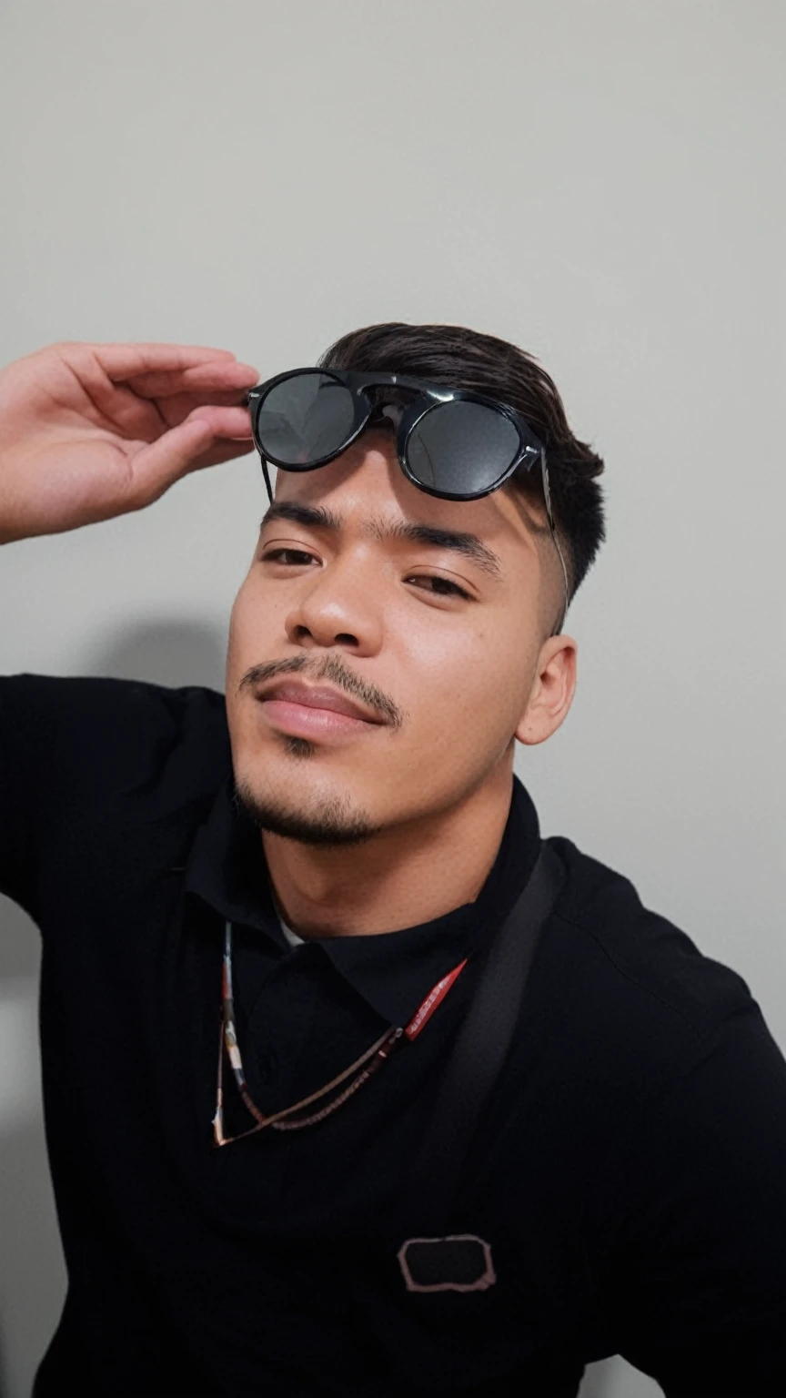 There's a man with sunglasses on his head and a black shirt, punishment style, profile image, headshot profile imageture, profile image, taken at the beginning of 2020, profile pic, caio santos, monocelha, Masterpiece artwork, punishment, vitor maristane, avatar image, 20 year old Bolivian Ivan, sexly e estiloso, sexly , 3d pixar style, (best qualityer, 4K, 8K, high resolution, boss of'work of art:1.2), ultra detali, (realisitic, photorealisitic, photo-realisitic:1.37), portraits, shiny colors, studio lighting