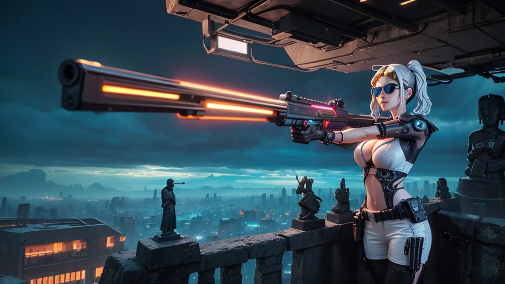 At night, dark sky, aerial view of fantasy cyberpunk style Moai-statue city, ((flying vehicle)). (1girl, solo), photo realistic, medium-breast:1.1 slim body, cleavage, sexy clothes, (black sunglasses), (((hip-up standing aiming pistol pose))), half-body thigh level medium shot, cinematic lighting.