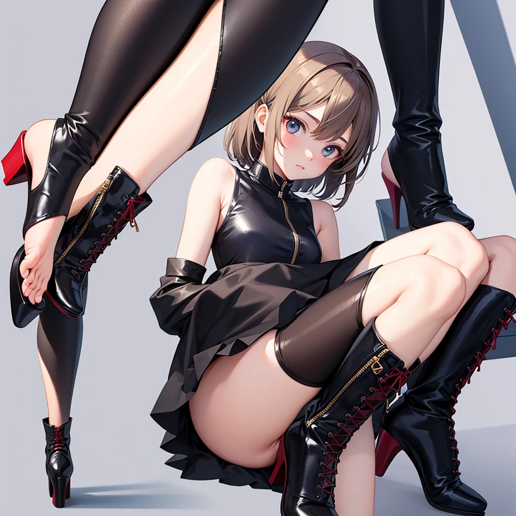 anime girl, high heel boots, leg posing, best quality, leggings, foot close up view only, normal feet