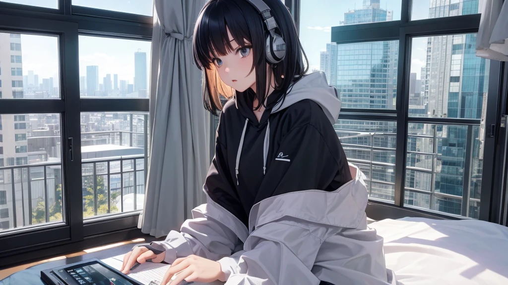 Ultra-high resolution, 8K, (Official Art, beautifully、mysterious:1.2), Anime Art Wallpaper, Works by Makoto Xin Haicheng, Lofi Art Style, Lo-fi feel, Perfect human body composition, Perfect skeleton, Striking eyes, Oversized hoodie and short skirt, Shiny long black hair, Larger than average bust, Girl listening to music with headphones, Looking out the window, City Room, A room for music lovers, city view from the window, Impressive cityscape, Bright Sky