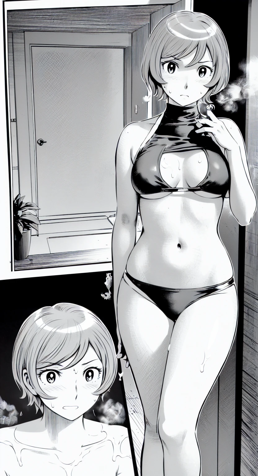 、(masterpiece、Highest quality)、Highest quality, Ultra-high resolution, (((masterpiece))), alone, Sweat、Big eyes, Composition from the front、Shortcuts、Embarrassed face、Blonde Hair、Short back hair、Monochrome、Pencil drawing、comics、Bathroom、Shower scene、 exposed、Completely naked、pubic hair、belly button、Large areola、Nipples、short hair