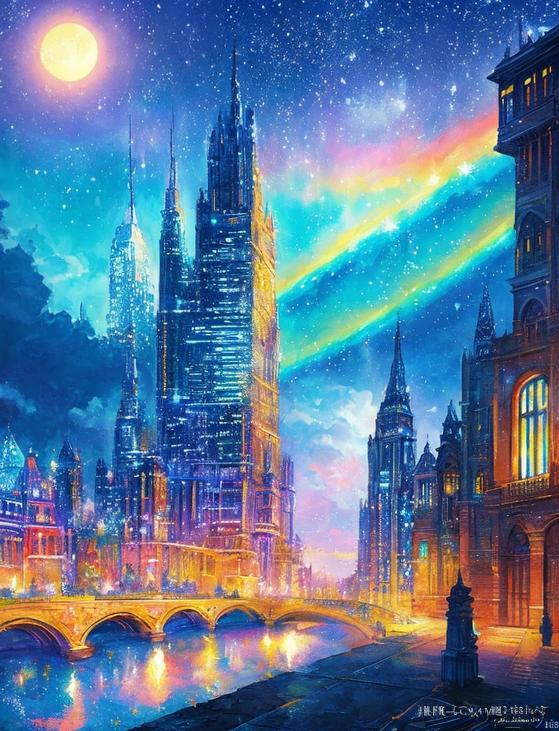 Colorful Metropolitan Museum of Art、Painting of a river with stars and moon in a rainbow sky、Met、輝くskyscraper、Shine overall、skyscraper、Concept art inspired by Tosa Mitsuoki、pixiv contest winners、Highest quality、Fantasy art、Beautiful anime scene、Bright Moon、Moonlight Star Environment、Dream painting、Anime Background Art、Fantasy Landscape Painting、Fantasy Knight、Anime Background、Background artwork、Great art、Atmospheric anime、Starry Sky、details enhanced。