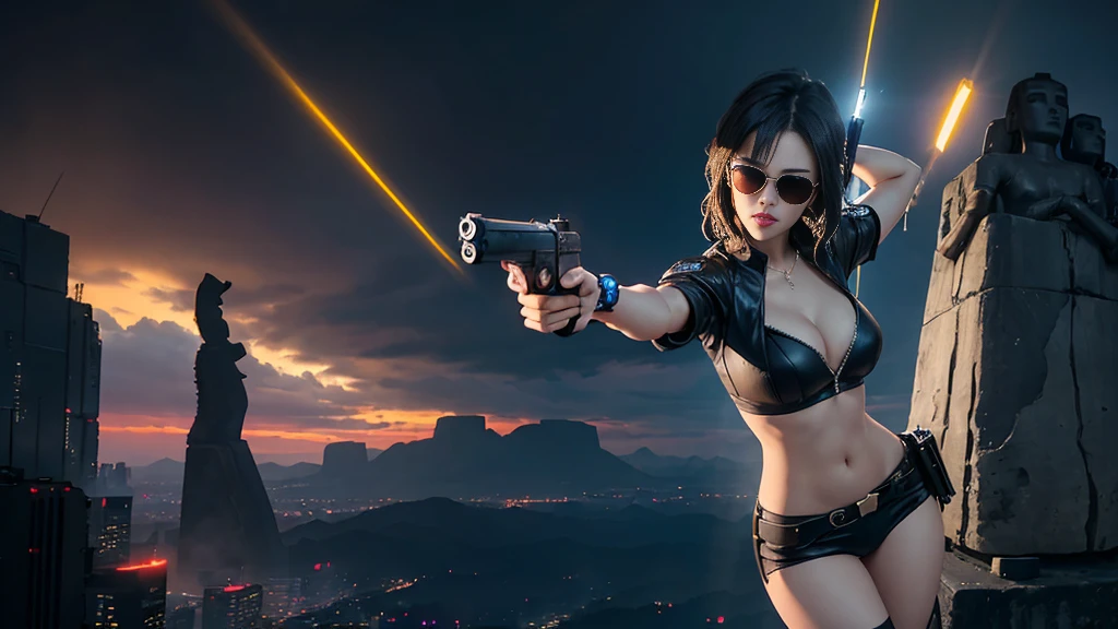 At night, dark sky, aerial view of fantasy cyberpunk style Moai-statue city, ((flying vehicle)). (1girl, solo), photo realistic, medium-breast:1.1 slim body, cleavage, sexy clothes, (black sunglasses), (((hip-up standing aiming pistol pose))), half-body thigh level medium shot, cinematic lighting.