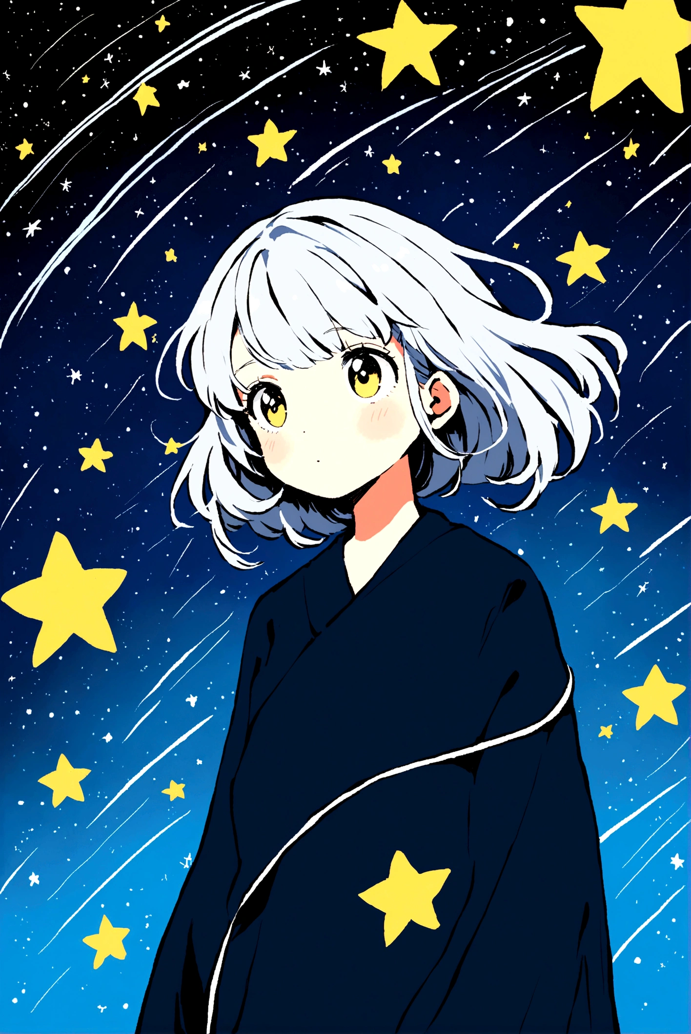 A silver-haired girl, Shooting star across the starry night sky.,Illustration style