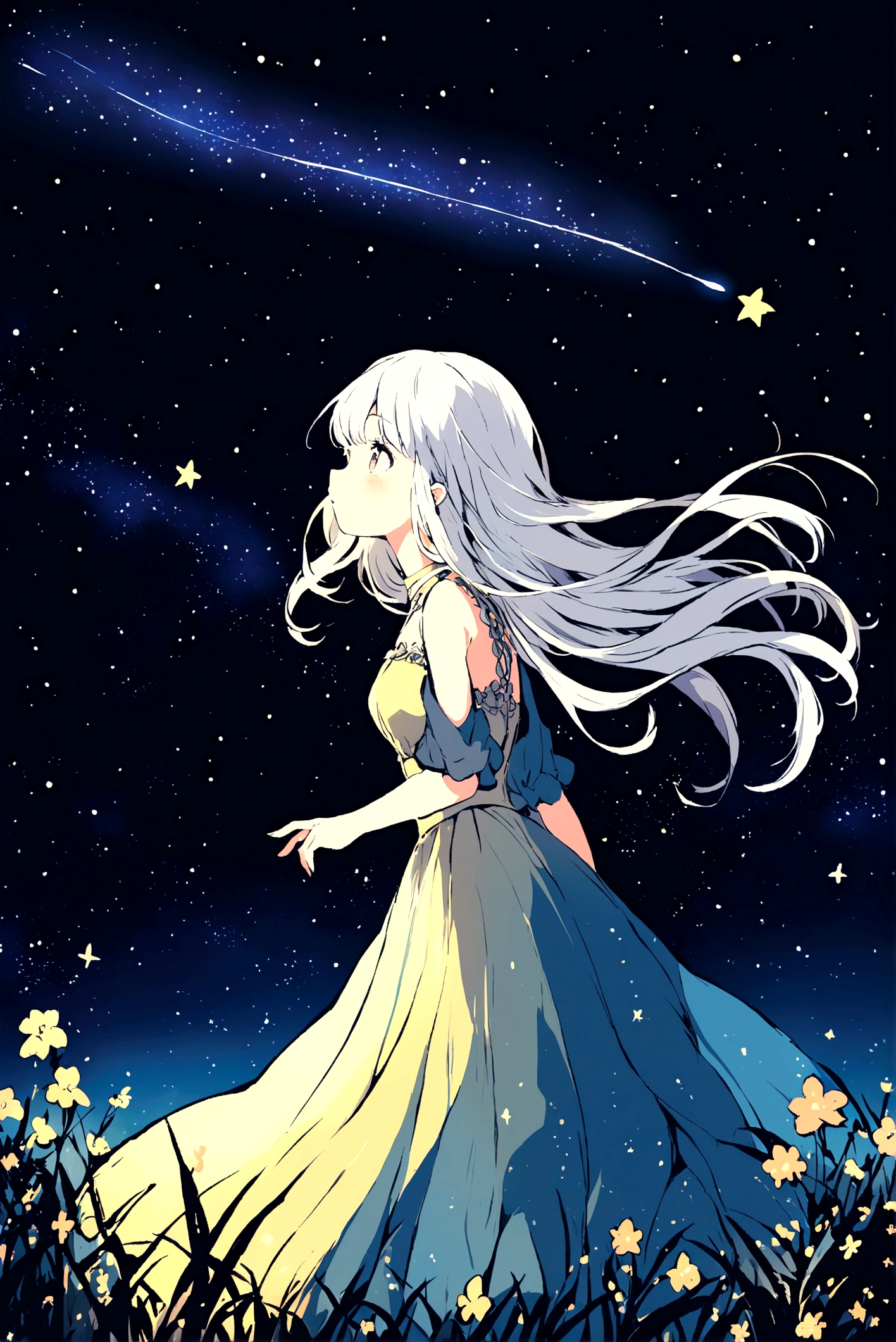 A silver-haired girl, Shooting star across the starry night sky.,Illustration style