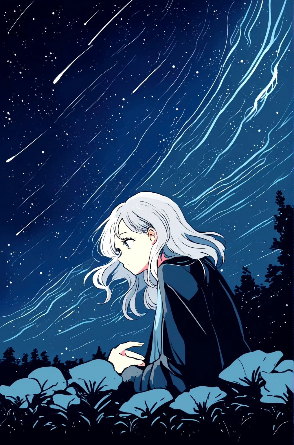 A silver-haired girl, Shooting star across the starry night sky.，Illustration style