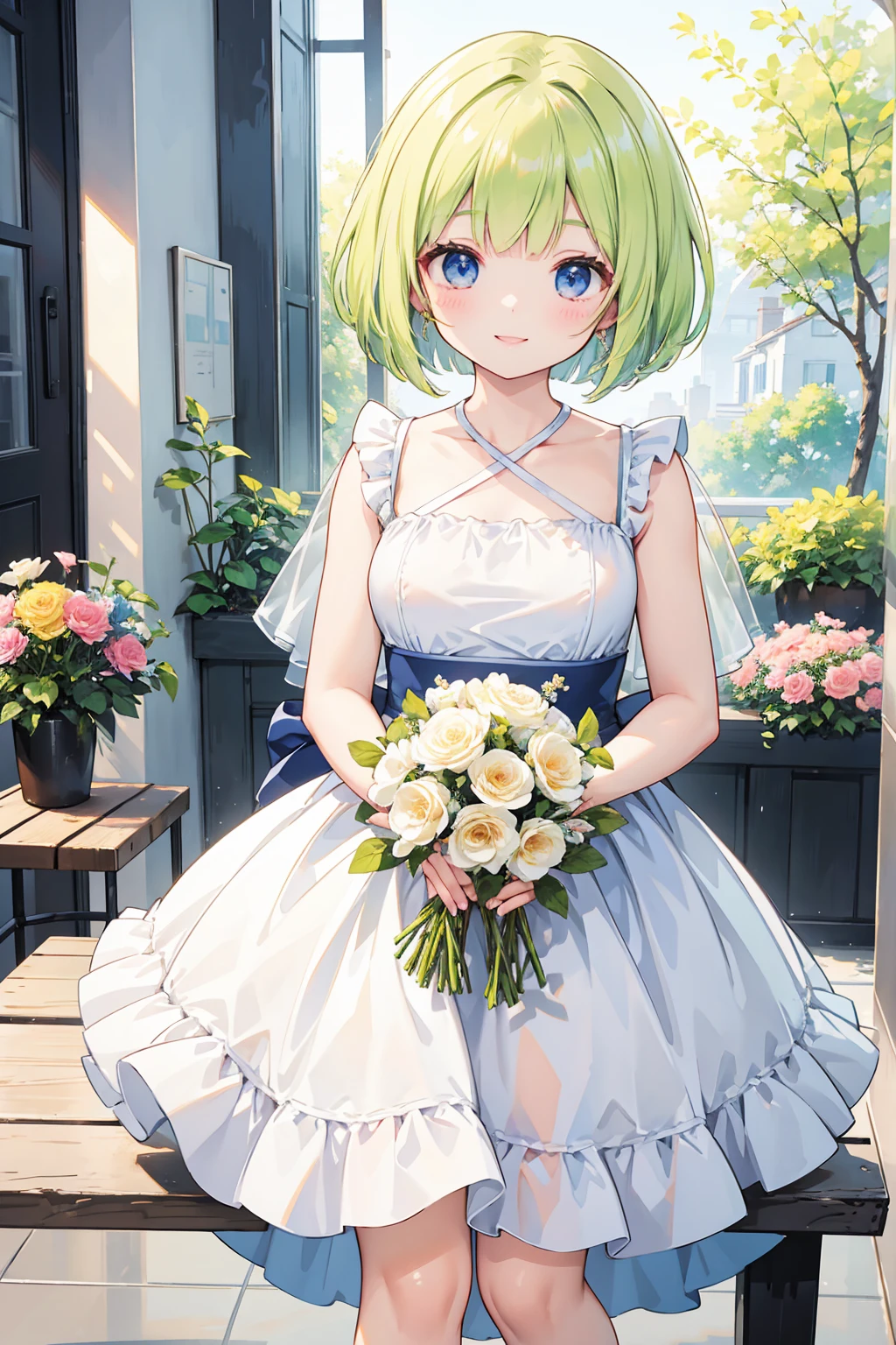 Photorealistic、Highest quality、Highest Resolution、Highest quality、８Ｋ、A beautiful woman holding a bouquet of flowers、Bob Cut Hair、Looks happy、smile、