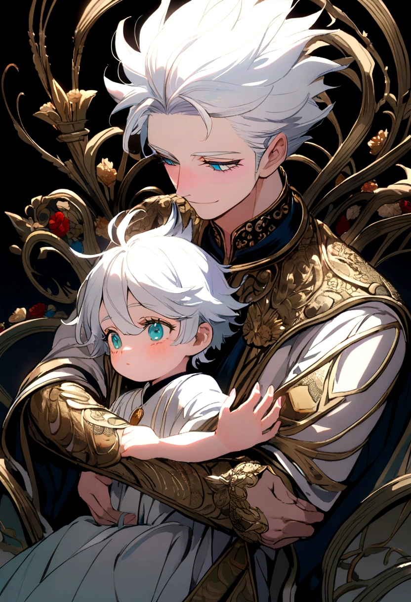 1 chico, Satoru gojo, White hair, long eyelashes, subtle smile, holding a in arms facing each other