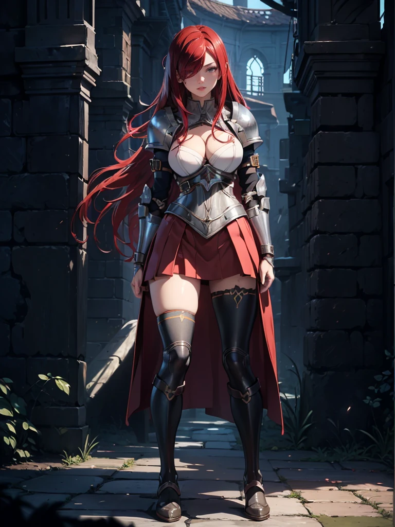 ((1girl, solo)), (((mature female))), beautiful body, (perfect anatomy, perfect body, perfect hands, perfect legs), (five fingers:1.5), natural proportions, sexy body, large breasts, cowboy shot BREAK
((extremely detailed face)), (beautiful detailed eyes:1.6), (realistic pupils, realistic iris:1), expressive eyes, looking at viewer, (clear eyes:1.3), (hyperrealistic:1.2), (detailed skin texture:1.2), smooth skin, (red hair:1.5), brown eyes, long hair, parted bangs, (hair over one eye:1.5), (detailed lips:1.2), (attractive lips:1.1), (glossy lips:1.1), (smile), parted lips, perfect face, perfect eyes BREAK
female knight, long sleeves, fantasy armor, (cleavage:1.3), breastplate, (shoulder armor:1), (arm guard:1.3), armor gloves, (micro mini skirt:1.5), zettai ryouiki, thighs, thighhighs, (greaves:1.3), armored boots, belt BREAK
(outdoors:1.5), (day:1.3), (town), trees, (shade of trees:1.2), medieval, (fantasy setting:1.5) BREAK
(masterpiece:1.5), anime-style, top quality, best quality, (beautiful and aesthetic:1.2), (ultra detail:1.5), Ultra-detailed depiction, Ultra-precise depiction, extremely detailed 8k illustration, high resolution, (highly detailed shading:1.2), (realistic lighting:1.4), perfect lighting, vibrant colors, dynamic tones, striking hues, 8k, absurd resolution, perfect shadows, hdr, UHD, ambient lighting, realistic, ultra-realistic, photo realistic, highly detailed, rich detail, luminous colors, fine texture, intricate design, professional illustration, (soft light:1.2), (illustration:0.7)