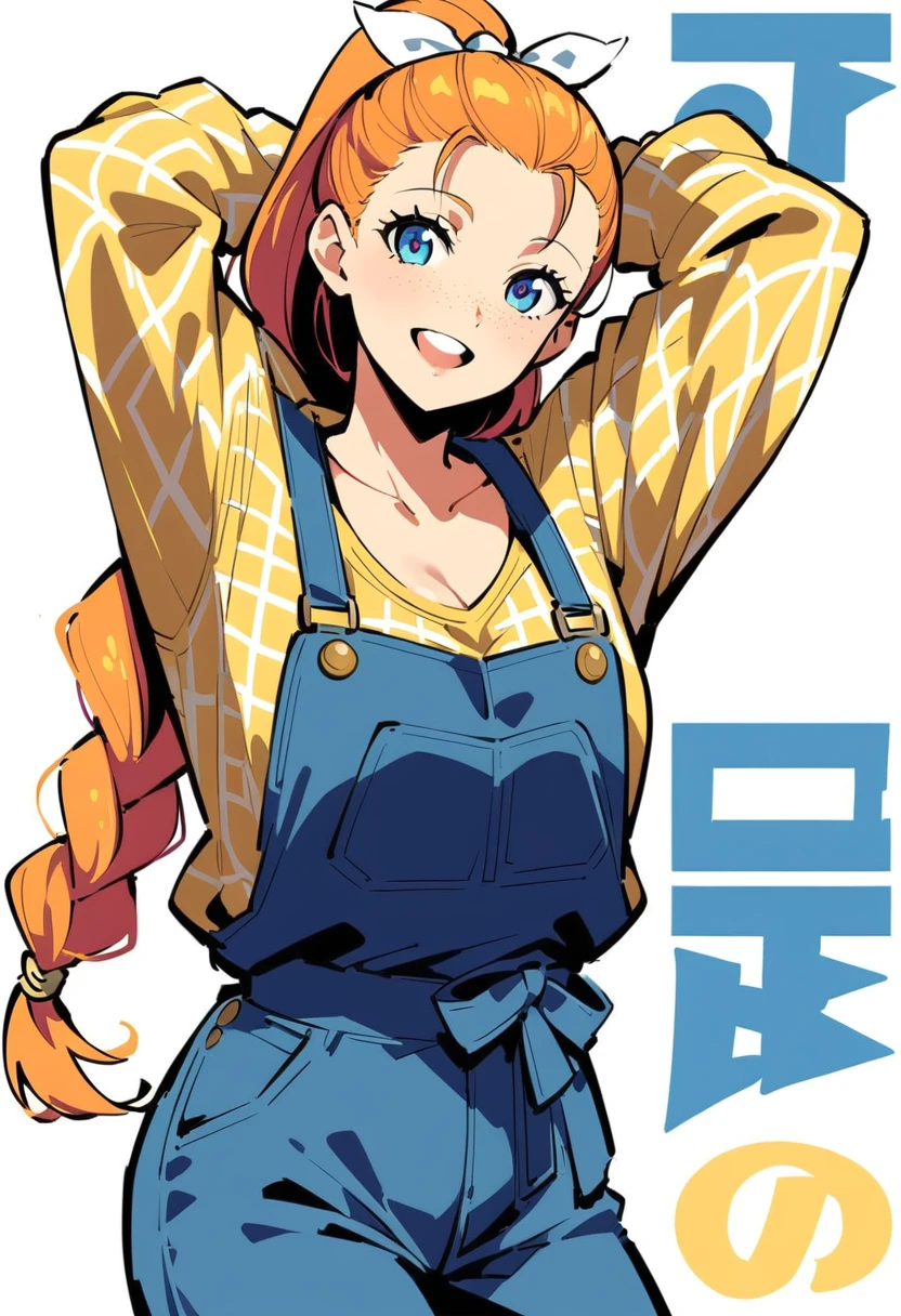 pewarnaan character, visual illustration, aged up, @ANN, ann \(harvest moon\), ran \(bokujou monogatari\), 1girl, solo, (overalls), white background, (blue overalls), smile, blue eyes, simple background, looking at viewer, breasts, arms up, long sleeves, yellow shirt, orange hair, cowboy shot, collarbone, collared shirt, cleavage, denim, hair pulled back, upper teeth only, blonde hair, very long hair, medium breasts, forehead, standing, arms behind head, braided ponytail, single braid, teeth, oversized clothes, partially unbuttoned, pants, oversized shirt, buttons, head tilt, flat chest, hair ribbon, white bow, tomboy, round teeth, plaid shirt, denim overalls, mature female, tall, tall female, slim body, freckles, highres, 4k, 8k