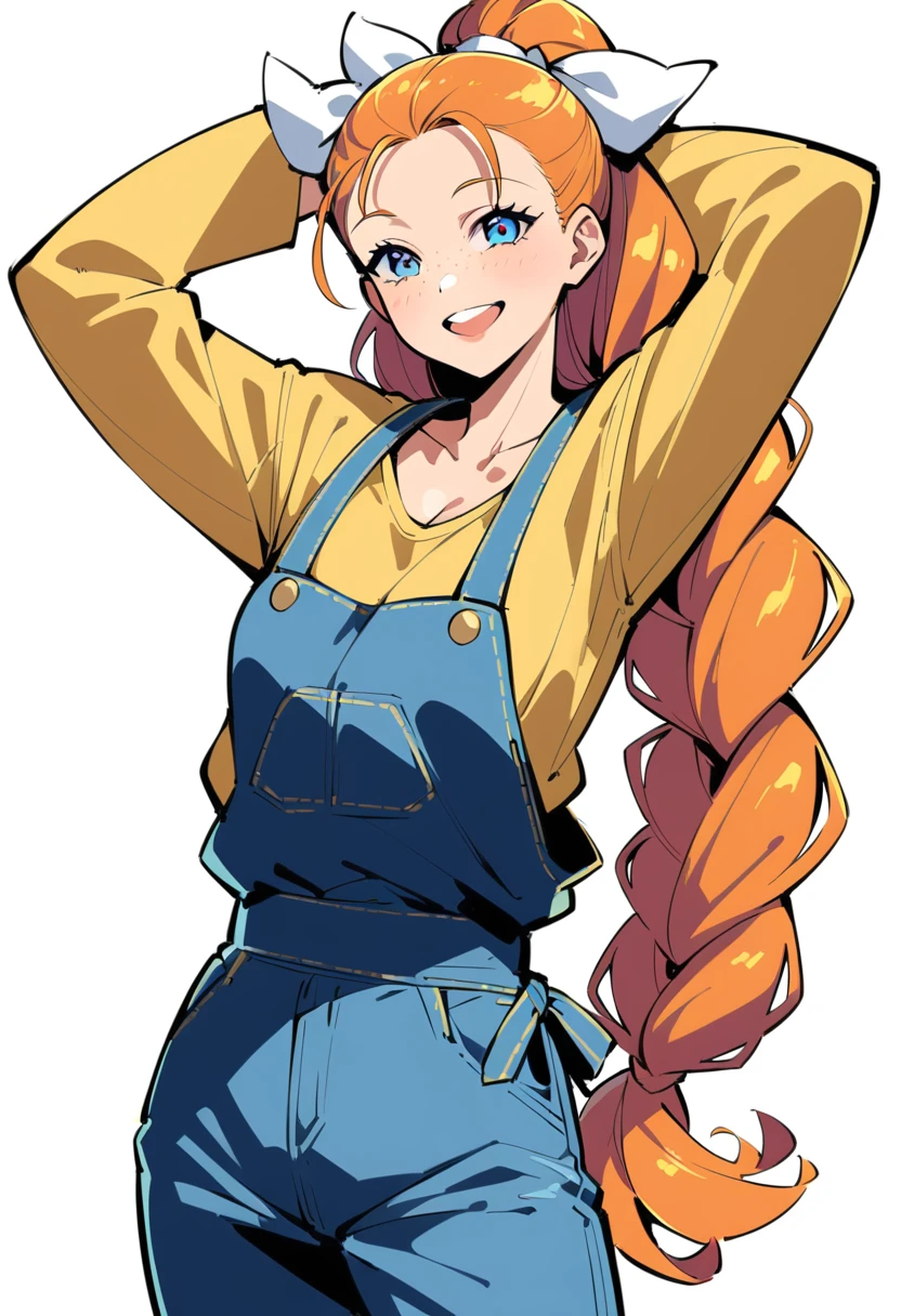 pewarnaan character, visual illustration, aged up, @ANN, ann \(harvest moon\), ran \(bokujou monogatari\), 1girl, solo, (overalls), white background, (blue overalls), smile, blue eyes, simple background, looking at viewer, breasts, arms up, long sleeves, yellow shirt, orange hair, cowboy shot, collarbone, collared shirt, cleavage, denim, hair pulled back, upper teeth only, blonde hair, very long hair, medium breasts, forehead, standing, arms behind head, braided ponytail, single braid, teeth, oversized clothes, partially unbuttoned, pants, oversized shirt, buttons, head tilt, flat chest, hair ribbon, white bow, tomboy, round teeth, plaid shirt, denim overalls, mature female, tall, tall female, slim body, freckles, highres, 4k, 8k