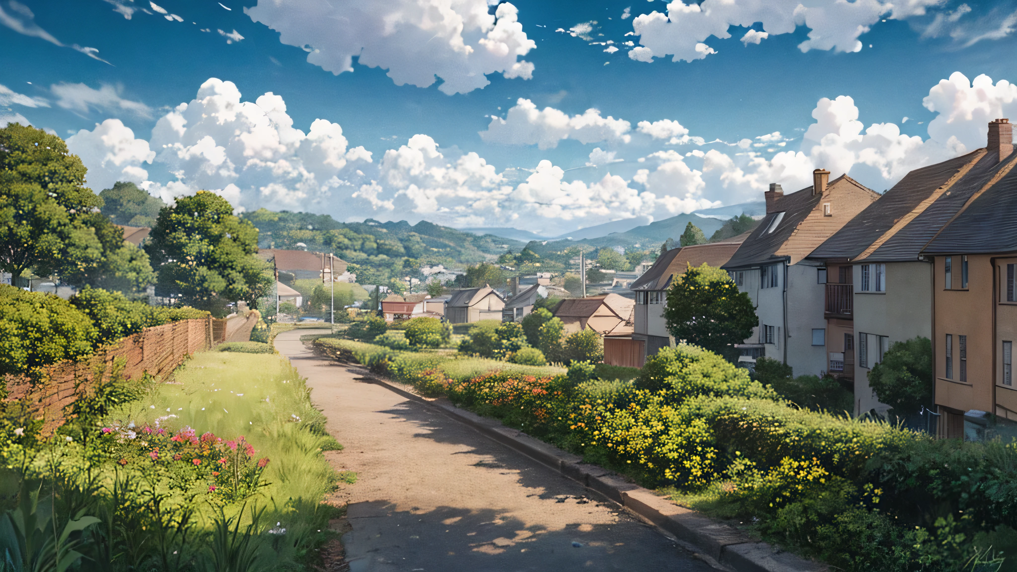 anime scenery of a resident street in an English town, anime town landscape, anime landscape wallpaper, style of makoto shinkai, anime landscape,  beautiful anime scenery, ( ( makoto shinkai ) ), anime scenery, makoto shinkai. —h 2160, roads, houses and people 