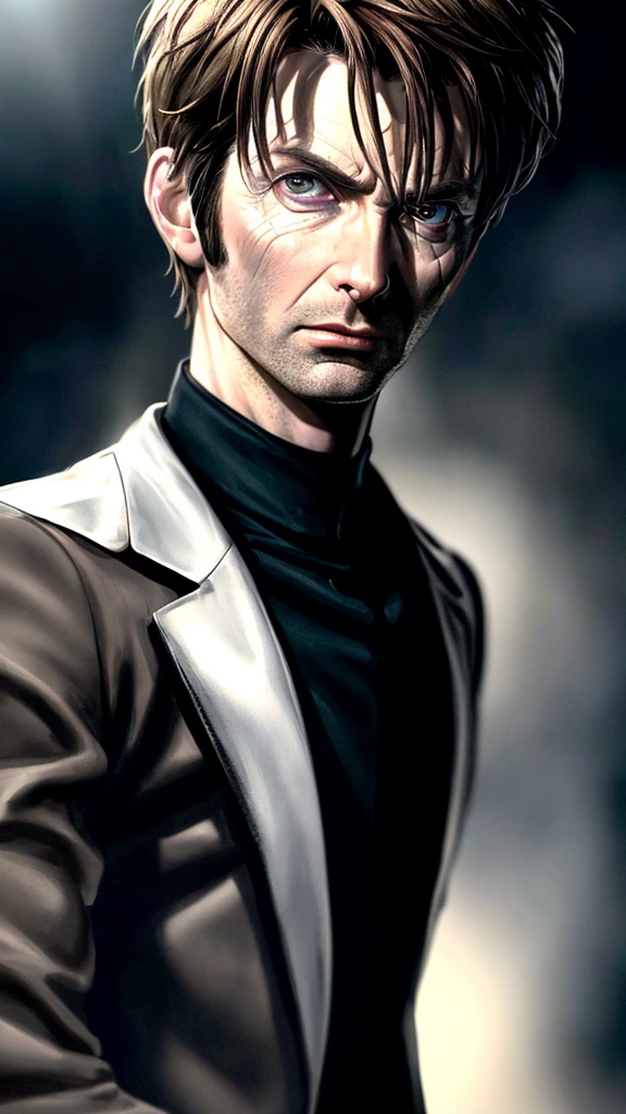 David Tennant, male superhero, short hair, hazel eyes, smirk, white skin, sexy, (best quality,4k,8k,highres,masterpiece:1.2),ultra-detailed,(realistic,photorealistic,photo-realistic:1.37),superhero,evil,villainous,intense gaze,detailed facial features,dramatic lighting,dark and moody atmosphere,chiaroscuro,cinematic,portrait