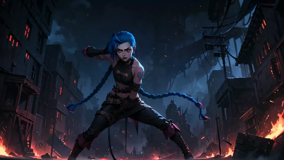 (masterpiece, Best quality), 1 girl, portrait, very sexy, crazy look, smile, crying, pink tears, tears on the cheeks, tears from eyes, full length (full body 1.1.), очень feminine, fighting stance, battle, fire, explosions, burning city, Beautiful waist, gloomy composition, flame, fire, Flash, very beautiful, feminine, long hair, hair braided in long braids, very sexy, tight leather pants, emphasis on the eyes, emphasis on the face, Beautiful face, Hands, Hair, Haired ponytail, red purple eyes, Джинкс crying, Blue cloud tattoo, (masterpiece, Best quality), Side lighting, beautiful detailed eyes, crazy face), (Best quality), (masterpiece), magic photography, Spectacular lighting, Photorealism, ultra detailed, интимная portraitная композиция, 1. 4,8 k UHD, aesthetic, Cd., A high resolution, 8 k, better lighting, Best shade, Ultra-HD, A high resolution, sharp focus, Complex background, Cinematic lighting, ((Landscape view)), 4K block, (better lighting),