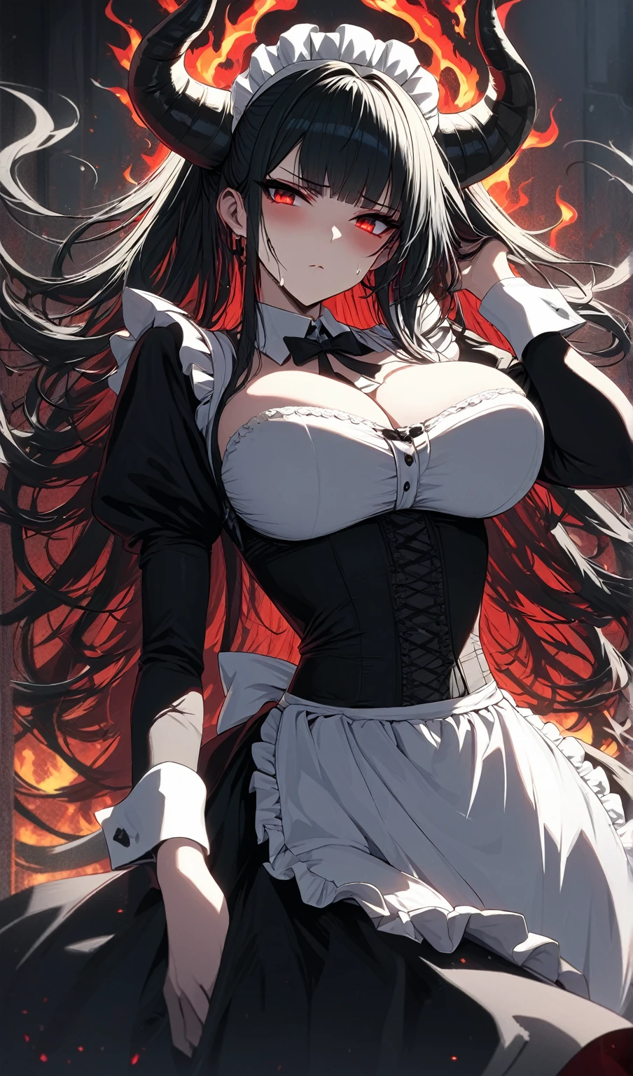 Masterpiece, very detailed, ultra detailed, one, (1 female maid), she's in a maid costume, long black hair and bangs, black demonic horns, beautiful, charming, bright red eyes, elegant, big breasts, cold-blood face , cold face, charming, against the background of black shabow and black flame around her.