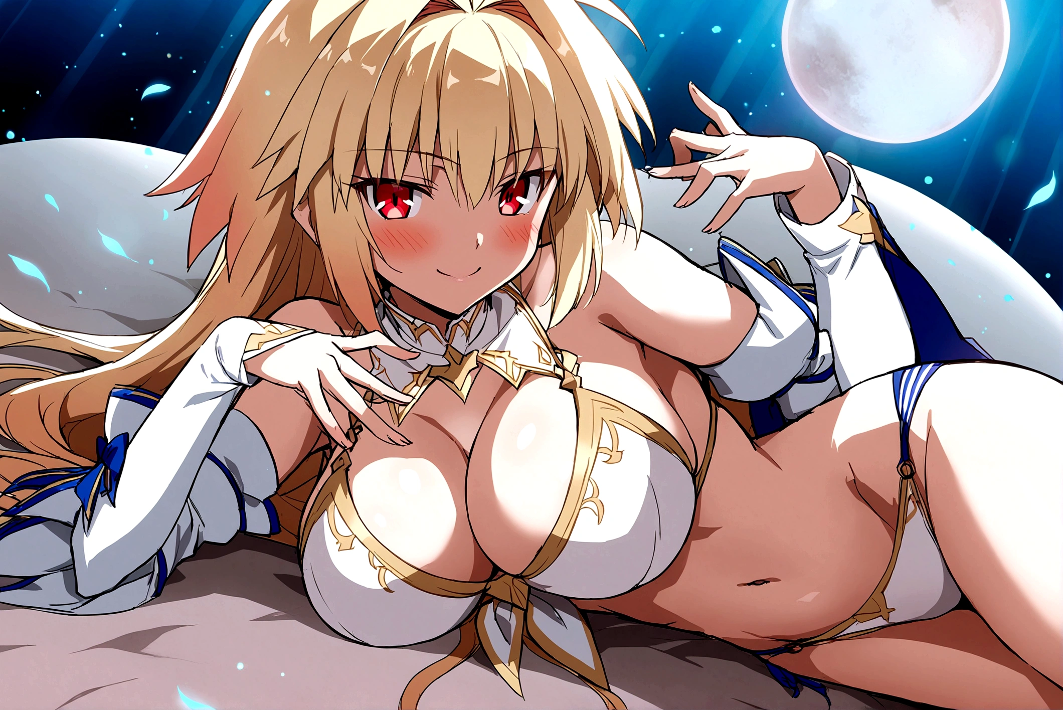 a close up of a sexy character of anime on a surface in bikini style, 1girl, arcueid brunestud, blonde hair, breasts, large breasts, swimsuit, red eyes, solo, detached sleeves, bikini, smile, long hair, navel, looking at viewer, cleavage, detached collar, on side, blush, bangs, lying, arcueid