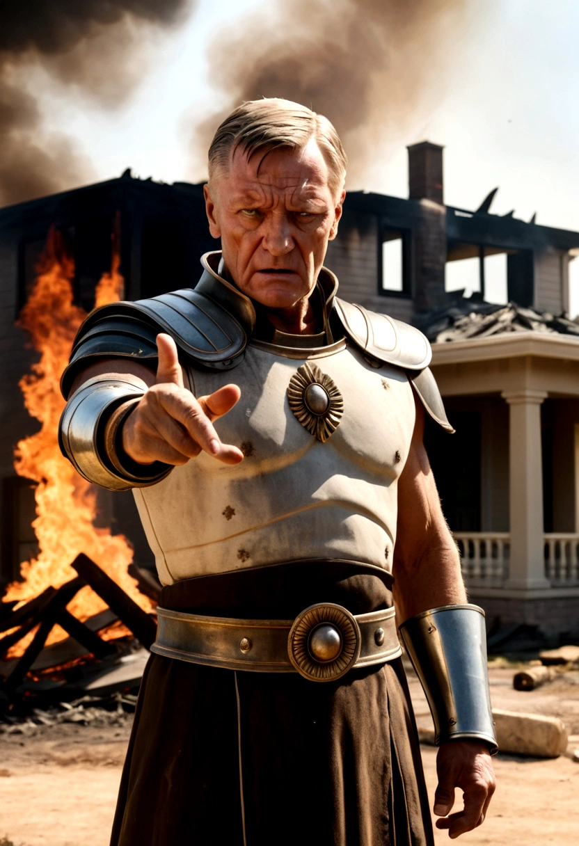 "A detailed image of a distressed homeowner rejecting Crassus's offer with a gesture of refusal, while the house behind them continues to burn fiercely. Crassus looks indifferent."
Size: "1024x1024"